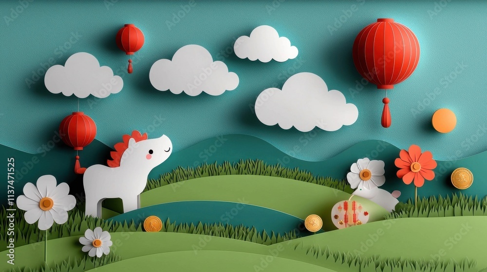Obraz premium Whimsical paper craft landscape scene with rabbit colorful paper lanterns flowers clouds and rolling hills Handmade paper art with a charming imaginative and playful aesthetic