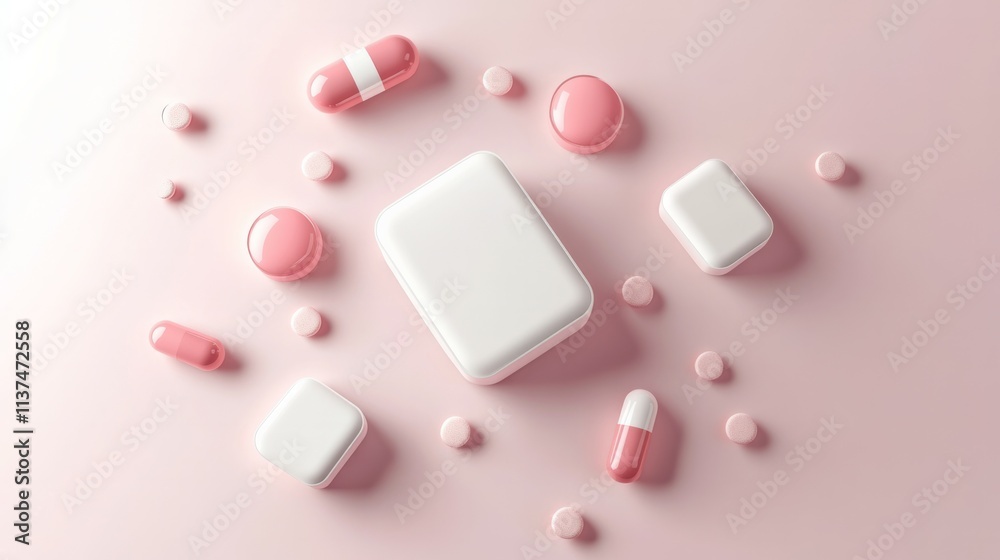 3d rendering of medical bag, syringe, jar of pills, thermometer and vial, flying from white door on pink background 3d rendering of medical bag, syringe, jar of pills, thermometer and vial, flying from white door on pink background