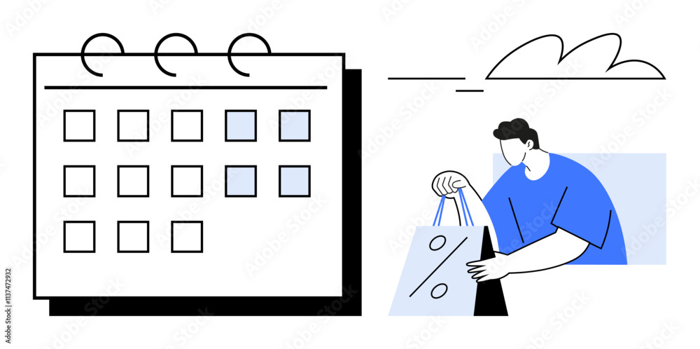 Man holding shopping bag with percent sign, standing beside monthly calendar. Ideal for scheduling, shopping events, sales planning, retail marketing, e-commerce promotions, time management, special Man holding shopping bag with percent sign, standing beside monthly calendar. Ideal for scheduling, shopping events, sales planning, retail marketing, e-commerce promotions, time management, special