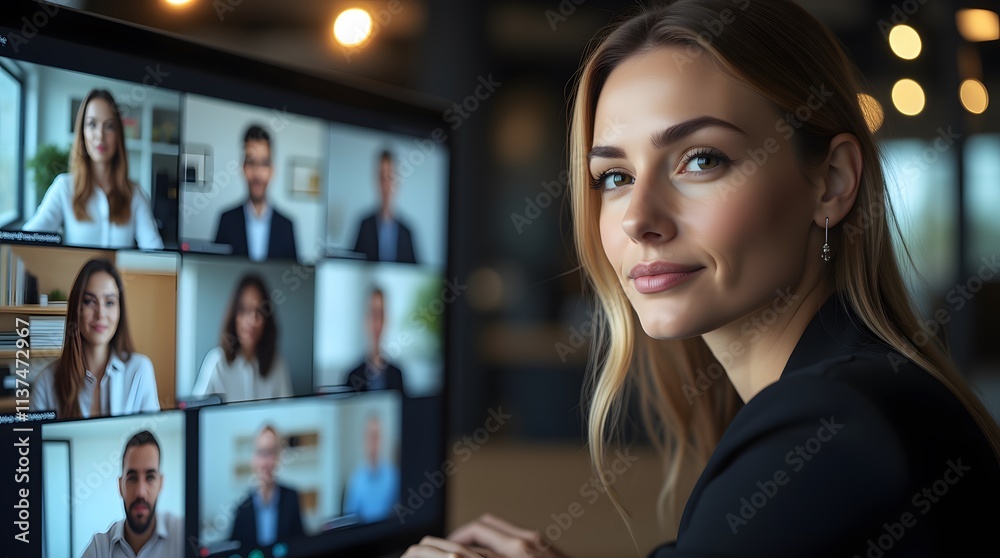 Obraz premium Focused businesswoman in a virtual meeting, connecting with colleagues online. A professional atmosphere.