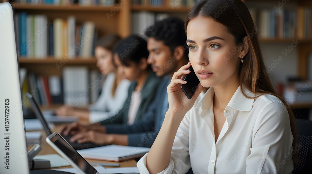 Focused businesswoman on a phone call, colleagues working in background. Professional atmosphere, serious expression. Focused businesswoman on a phone call, colleagues working in background. Professional atmosphere, serious expression.