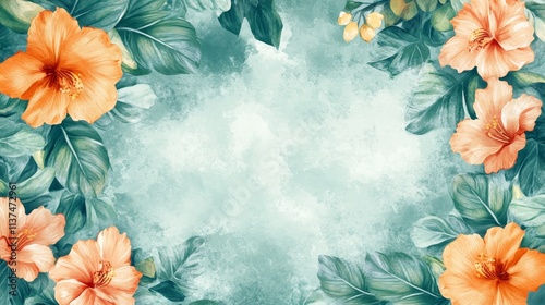 A floral design featuring orange hibiscus flower and green leaves on a textured background.