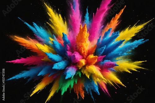 Multicolor powder explosion on black background. Colored cloud. Colorful dust explode. Paint Holi. photo