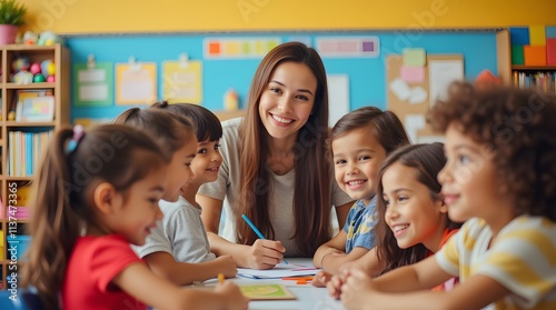 Smiling teacher guides her young students in a vibrant classroom. Joyful learning atmosphere!