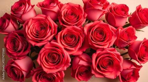 A dozen crimson roses, tightly arranged, showcasing their velvety petals and vibrant color.  A symbol of love and passion.