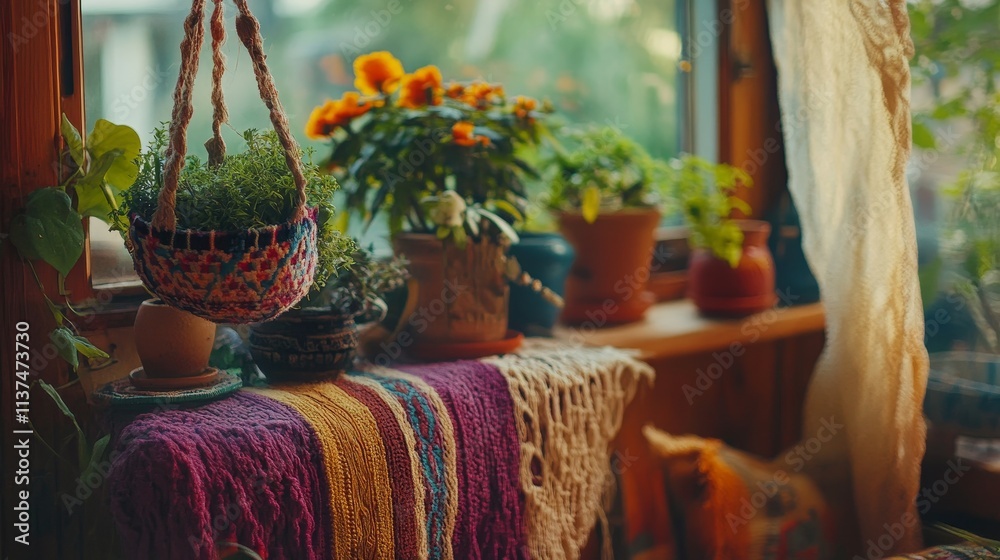 Fototapeta premium A cozy indoor space with potted plants and colorful textiles by a window.