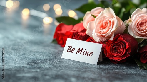 Romantic Valentine s Day bouquet of lush velvety red and delicate pink roses arranged with a  Be Mine  card symbolizing love passion and devotion on a special occasion photo