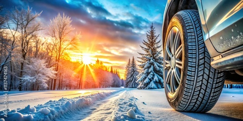 Winter Tires on Snowy Road: Ensuring Safety and Performance, Ideal for Winter Driving, Snow Conditions, Automotive Essentials, and Vehicle Safety Features photo