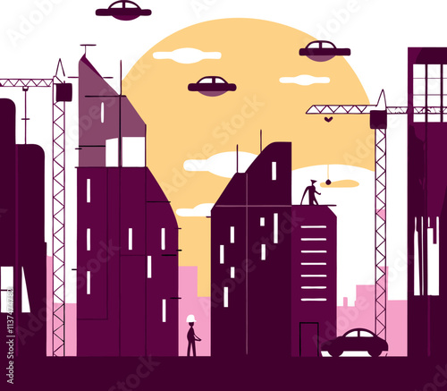 A vibrant illustration of a city undergoing construction, highlighted by the presence of futuristic UFOs in the sky above.