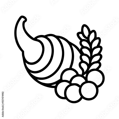 cornucopia horn of plenty icon, thanksgiving line art, thanksgiving icon - simple black line art icon of cornucopia horn of plenty, for thanksgiving celebrations. thanksgiving vector art.