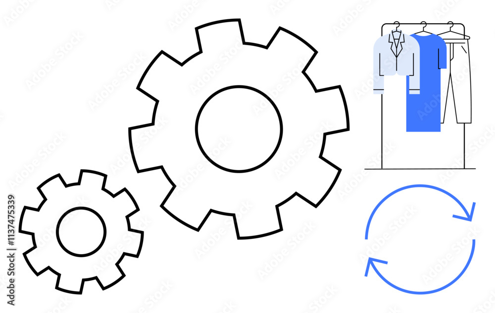 Large and small gears with clothing on hangers next to circular arrows indicating recycling. Ideal for sustainability, manufacturing, textile industry, fashion design, eco-friendly practices Large and small gears with clothing on hangers next to circular arrows indicating recycling. Ideal for sustainability, manufacturing, textile industry, fashion design, eco-friendly practices