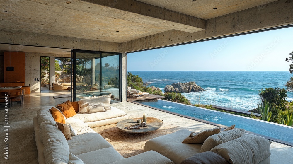 Fototapeta premium Modern coastal living room with ocean view and minimalist decor.