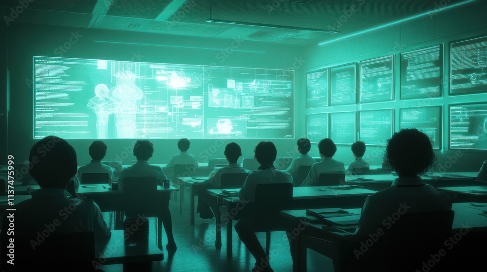 Fototapeta premium Students watch a screen in a high-tech classroom.