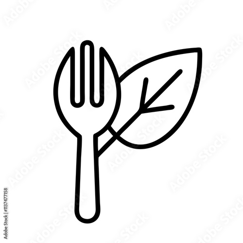 leaf on a fork icon, vegan day line art, vegan day icon - simple black line art icon of leaf on a fork, for vegan day celebrations. vegan day vector art.