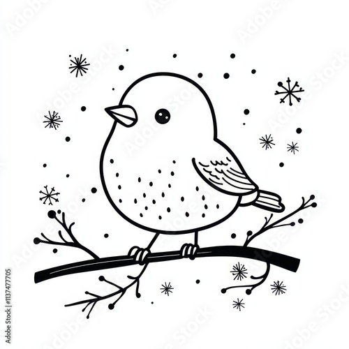 Winter Bird on Branch: Cute line art illustration of a plump bird perched on a snow-dusted branch, surrounded by snowflakes. Perfect for winter-themed projects and designs. photo