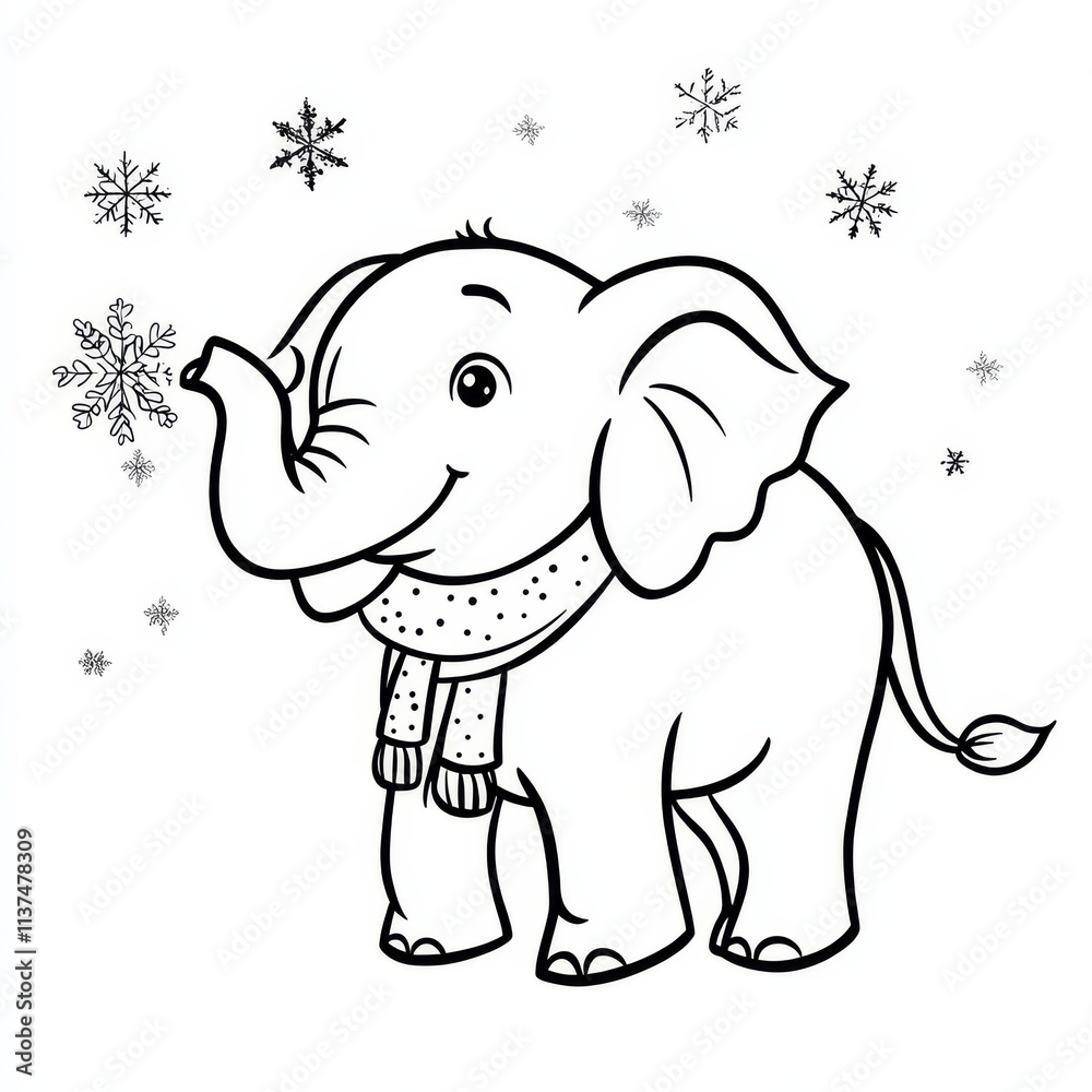 Fototapeta premium Cute Elephant in Winter Wonderland: A charming illustration of a friendly elephant wearing a scarf, surrounded by snowflakes. Perfect for children's books, winter-themed projects.