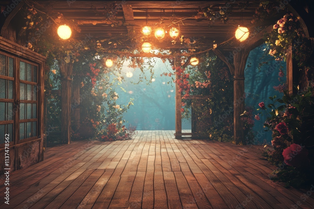 Enchanted Wooden Terrace with Floral Decor and Fairy Lights. Enchanted Wooden Terrace with Floral Decor and Fairy Lights.