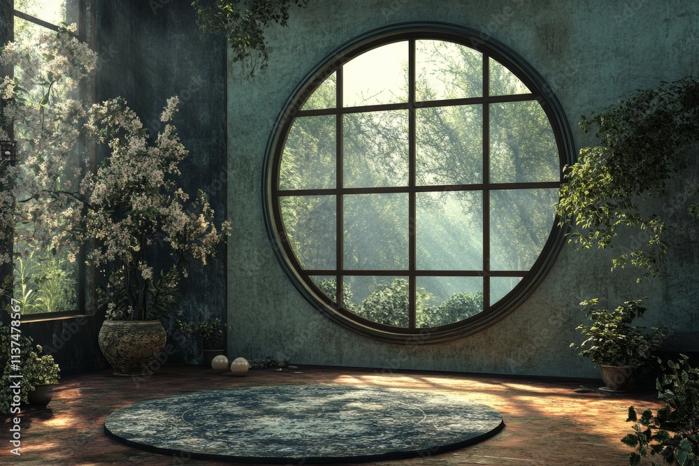 Obraz premium Serene Zen Garden Room with Circular Window and Blooming Plants.
