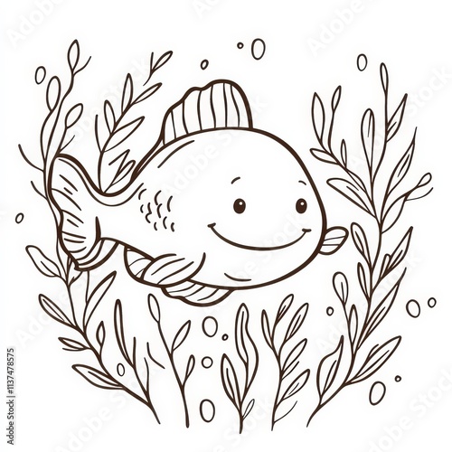 Wallpaper Mural Happy Fish in Aquatic Plants: Line art illustration of a cheerful fish swimming amidst aquatic plants. Perfect for children's books, coloring pages, and marine-themed designs.  Torontodigital.ca