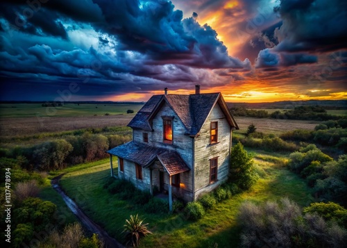 Drone Shot: Eerie House, Stormy Dusk, Illuminated Window - Spooky Abandoned Mansion Photography