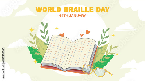 World Braille Day on January 4th. open book with Braille letters concept