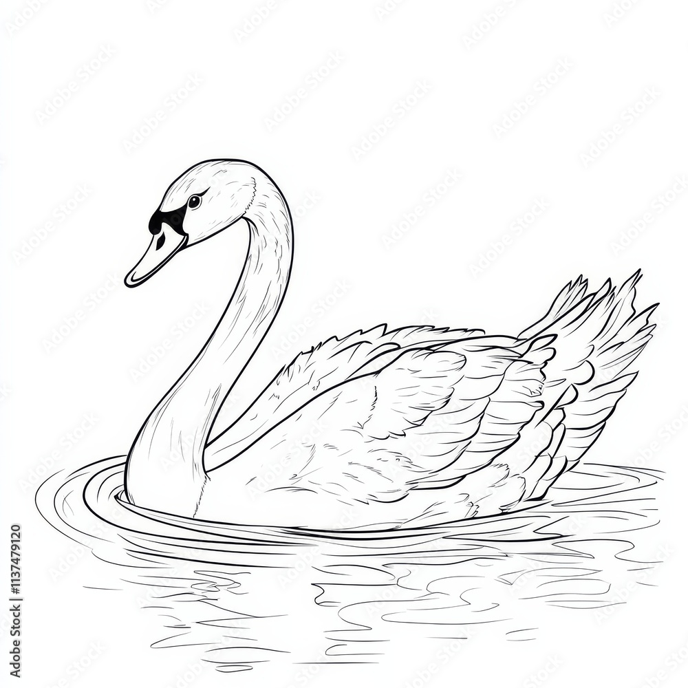 Fototapeta premium Elegant Swan Illustration: Graceful swan in water, line art sketch, nature, waterbird, wildlife, elegant, bird, animal, drawing, illustration, vector, swan, black and white, art, design, graphic.
