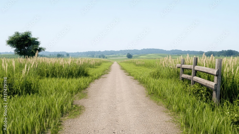 A tranquil dirt road surrounded by lush greenery and a wooden fence. A tranquil dirt road surrounded by lush greenery and a wooden fence.