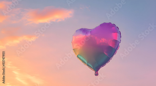 A colorful heart-shaped balloon floats against a pastel sky, evoking feelings of joy and love.