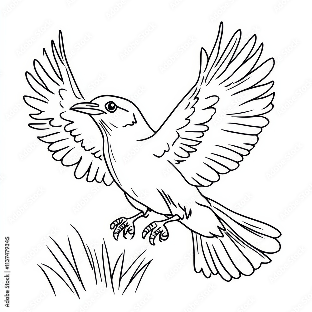 Obraz premium Bird in Flight: Line art drawing of a bird taking flight above the grass. Perfect for coloring books, nature illustrations, and ornithology projects. Coloring page 