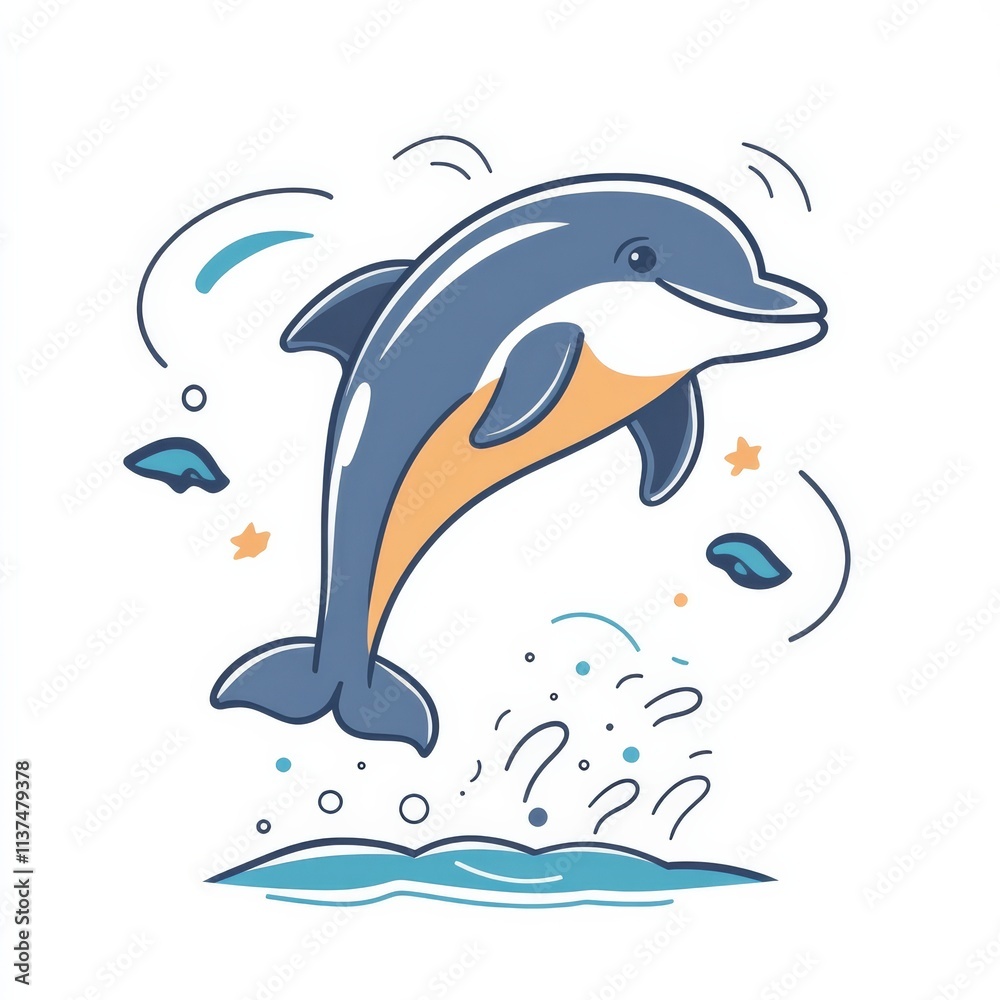Obraz premium Playful Dolphin Leap: An illustration of a happy dolphin leaping from the ocean waves, surrounded by playful bubbles and stars. Perfect for children's books, marine-themed designs.