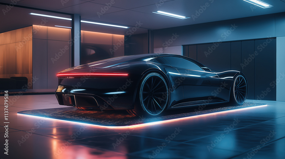 A futuristic concept of an electric car charging wirelessly, with a glowing pad beneath the vehicle in a modern garage A futuristic concept of an electric car charging wirelessly, with a glowing pad beneath the vehicle in a modern garage
