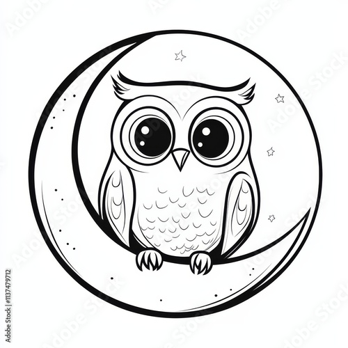 Cute Owl on Crescent Moon:  A charming illustration of a large-eyed owl perched on a crescent moon, perfect for children's books, stationery, or whimsical designs.   photo