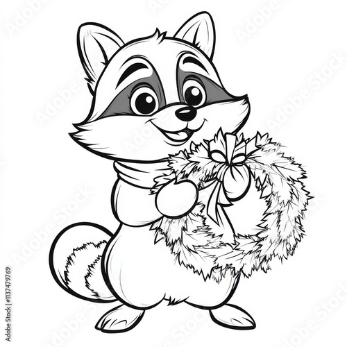 Cute Raccoon with Christmas Wreath: A charming, black and white illustration of a raccoon wearing a scarf and holding a Christmas wreath, perfect for coloring pages, holiday crafts.