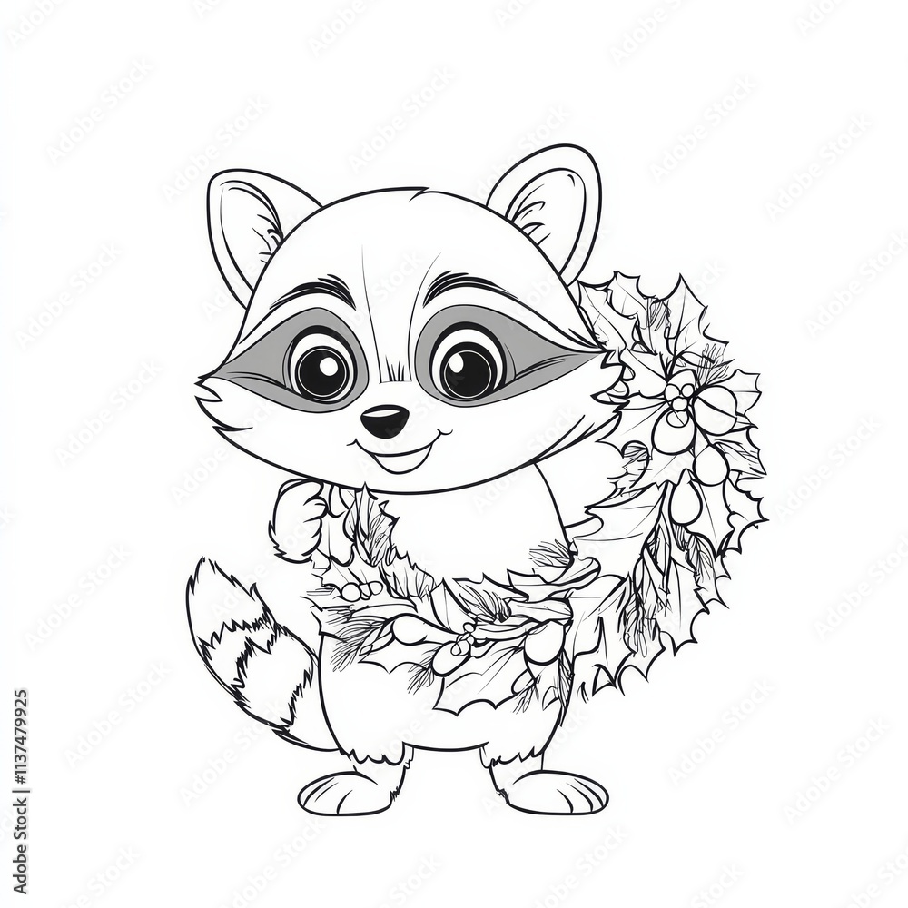 Obraz premium Adorable Raccoon with Holly Wreath: A charming illustration of a cute raccoon holding a festive holly wreath. Perfect for holiday cards, children's books, and winter-themed designs. 