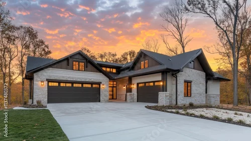Obraz Modern home exterior at sunset, showcasing architectural design and natural surroundings.
