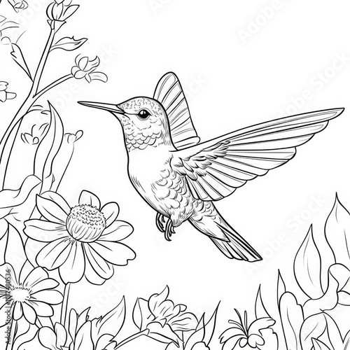 Wallpaper Mural Hummingbird and Flowers Line Art: Elegant line art illustration of a hummingbird hovering near flowers. Perfect for coloring books, nature-themed projects, and more. Torontodigital.ca