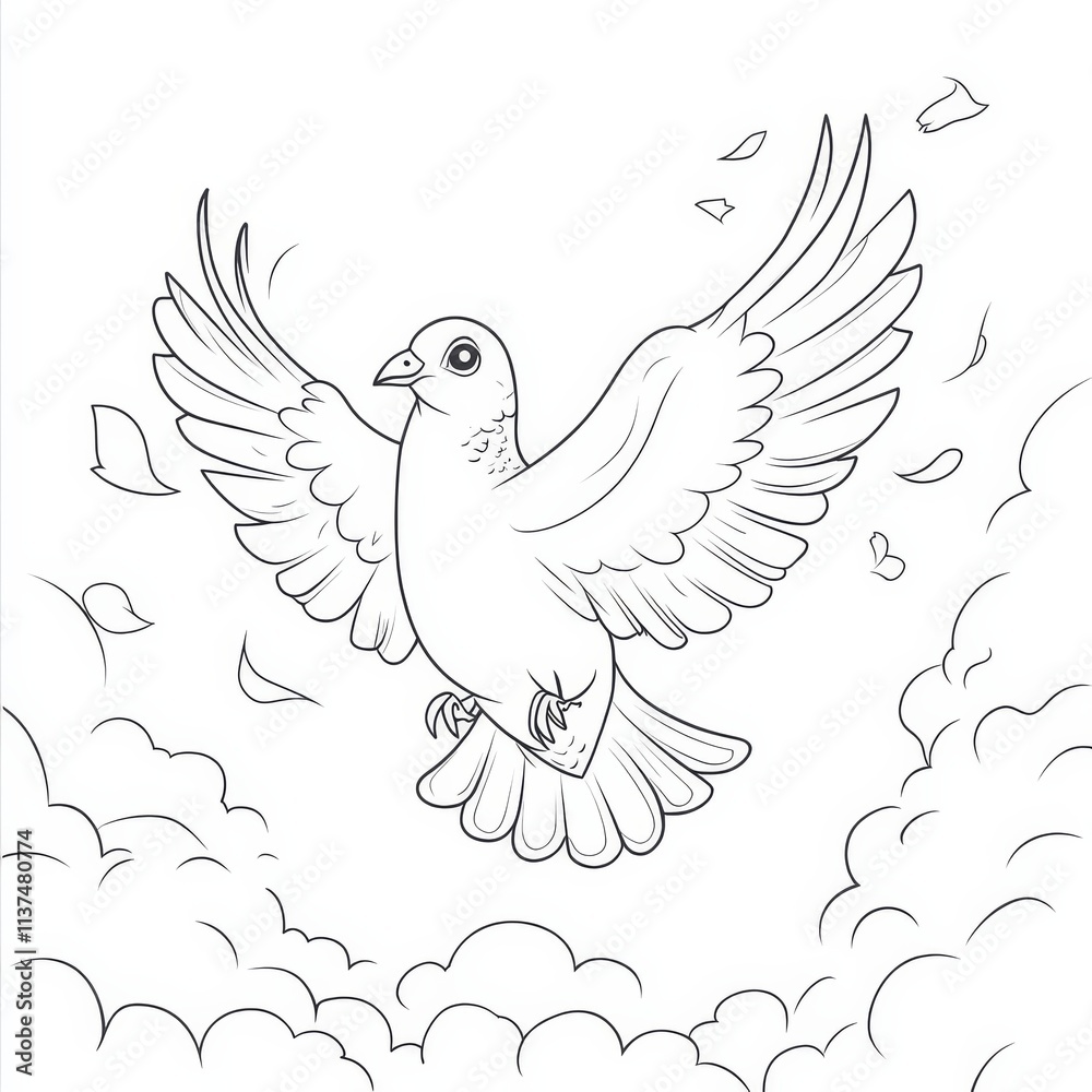 Dove of Peace in Flight: A serene illustration of a dove soaring through fluffy clouds, symbolizing peace, hope, and new beginnings. The line art style adds a touch of elegance and simplicity. Dove of Peace in Flight: A serene illustration of a dove soaring through fluffy clouds, symbolizing peace, hope, and new beginnings. The line art style adds a touch of elegance and simplicity.