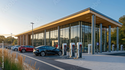 A public charging hub filled with electric vehicles, showcasing modern architecture and renewable energy symbols