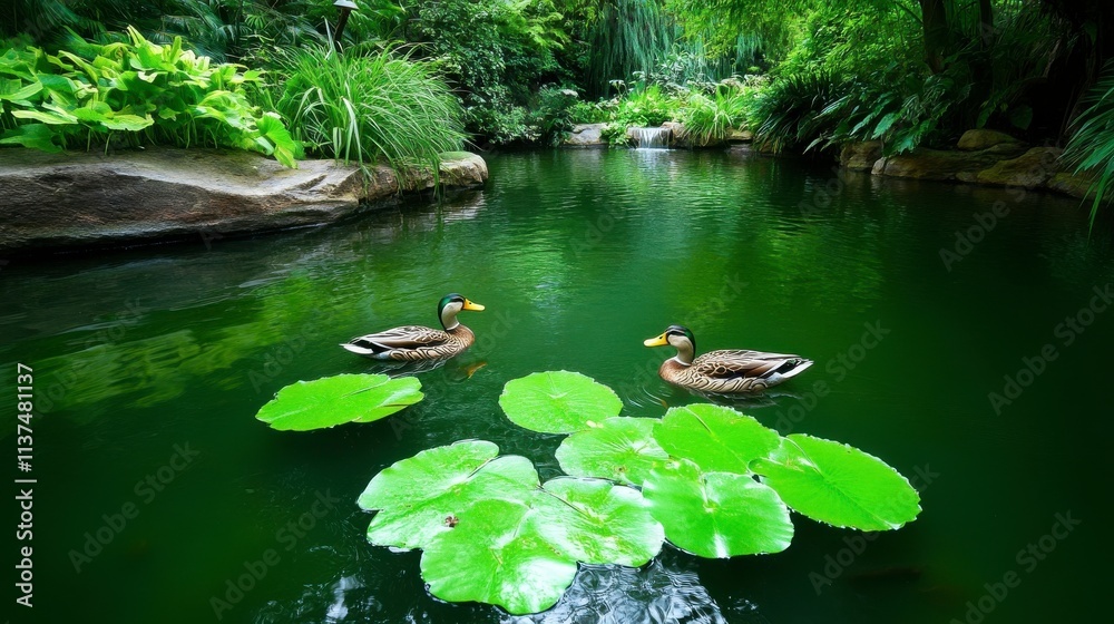 Serene Duck Pair Swimming Among Lily Pads in a Lush Green Oasis Surrounded by Vibrant Foliage and Still Water in a Tranquil Natural Setting Serene Duck Pair Swimming Among Lily Pads in a Lush Green Oasis Surrounded by Vibrant Foliage and Still Water in a Tranquil Natural Setting