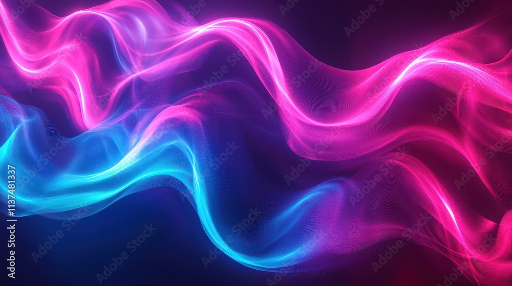 Abstract Wavy Lines of Blue and Pink Neon Lights on a Dark Background