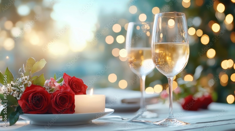 Romantic candlelit table setting with red roses and champagne glasses creating an elegant and intimate atmosphere for a special occasion such as an anniversary birthday or holiday Romantic candlelit table setting with red roses and champagne glasses creating an elegant and intimate atmosphere for a special occasion such as an anniversary birthday or holiday