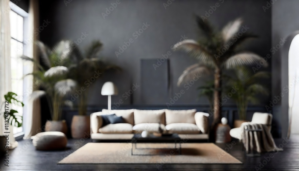 Fototapeta premium Defocused Minimalist Living Space in Dark Palette