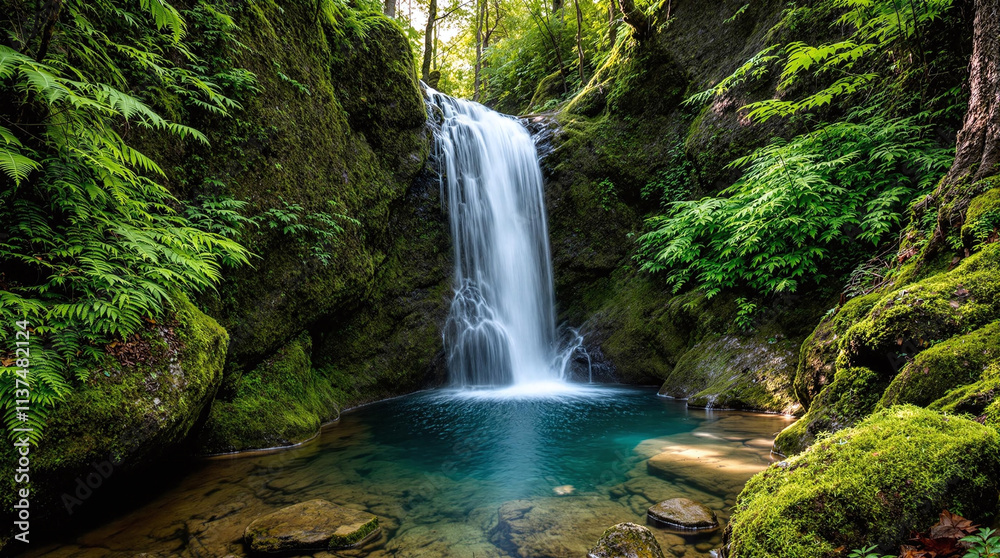 Naklejka premium Moss-covered rocks and cascading waterfall in misty forest, tranquil nature vibes, stock photo