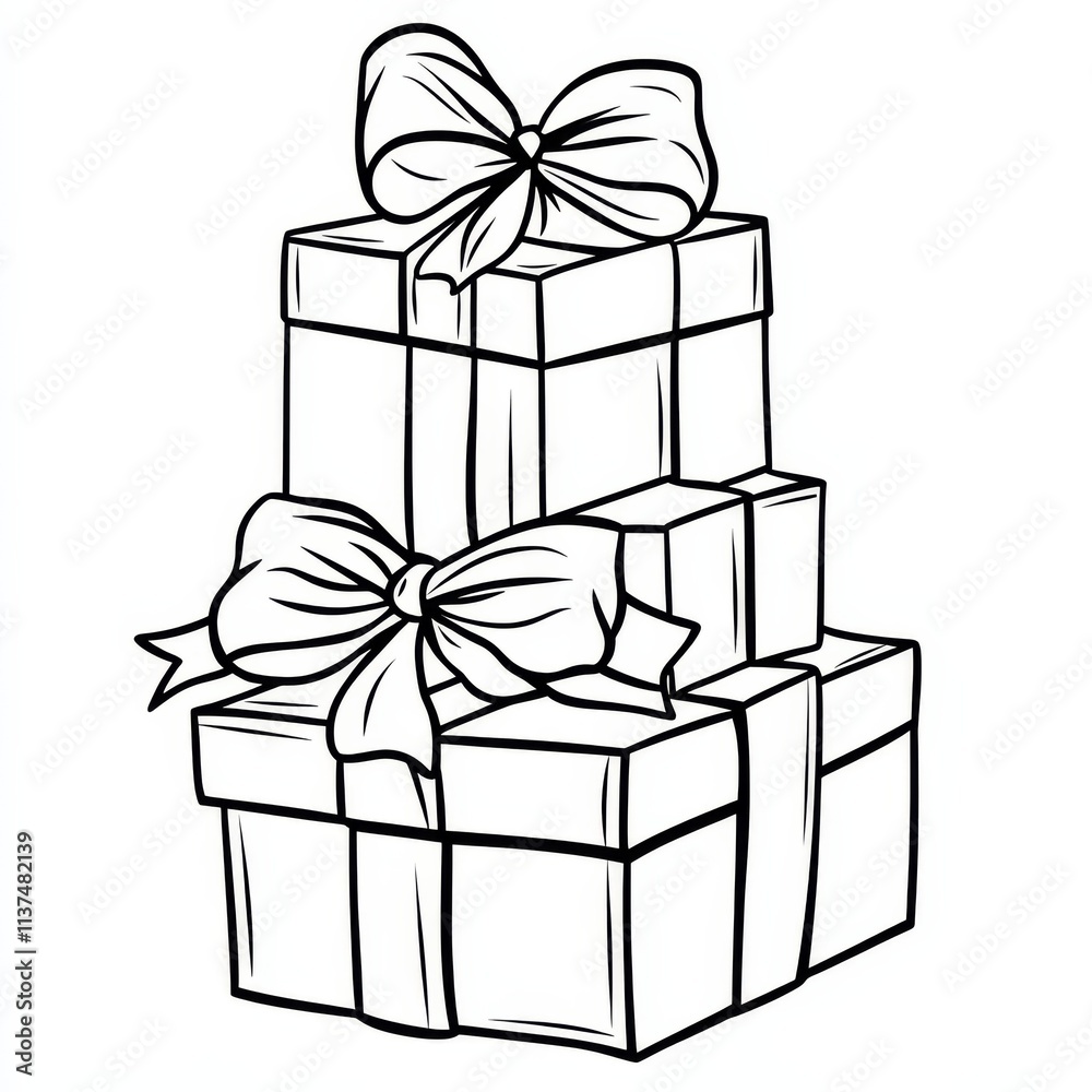Obraz premium Stack of Presents with Bows: A hand-drawn illustration of three presents stacked on top of each other, each tied with a bow, symbolizing gift-giving, celebration, and joy. 