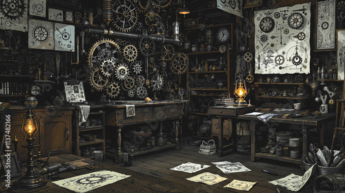 Antique mechanical workshop with gears and tools on wooden workbench, vintage ambiance, stock image