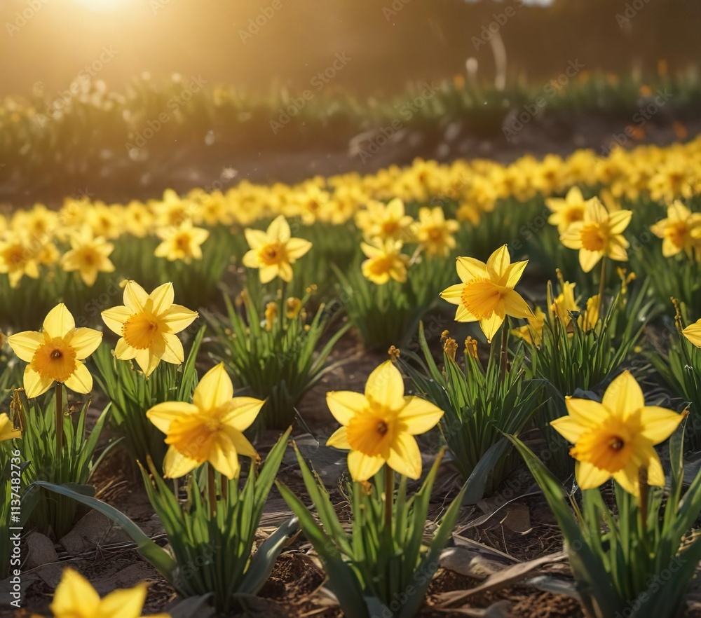 Obraz premium Bright yellow daffodils in a sunny field with a golden hour background, petals, field, spring