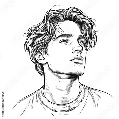 Intriguing Gaze:  A captivating line drawing of a young man with long, flowing hair, his eyes cast upwards in thought. The intricate detail captures the essence of youth and contemplation. 