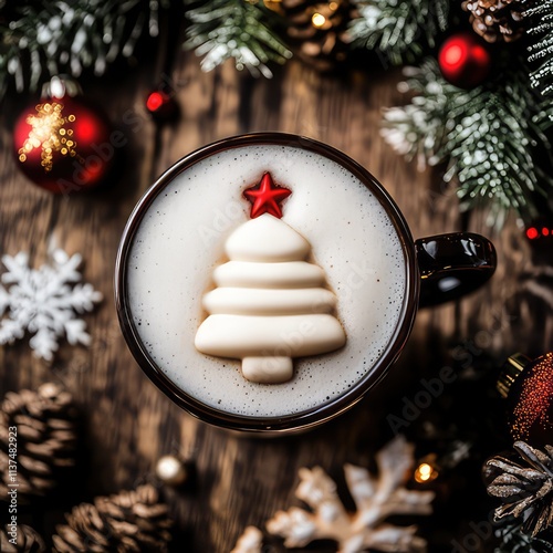 Christmas coffee with foam and christmas tree decoration on it on festive wooden background. Winter drink. Top view. Flat lay