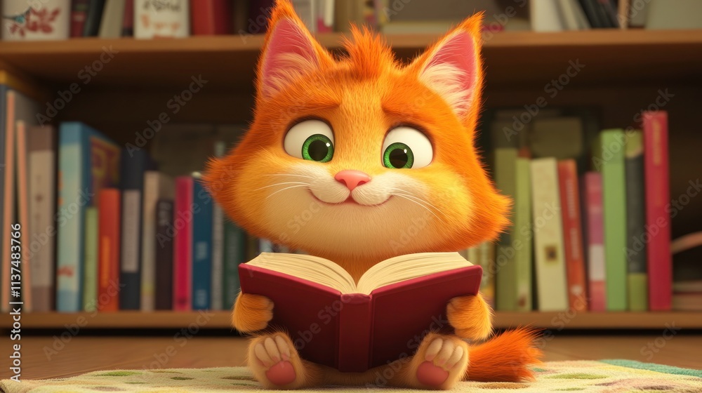 Orange kitten reading book. Orange kitten reading book.