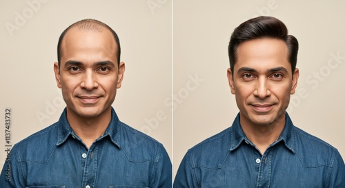 Male hair transformation before and after featuring south asian adult model